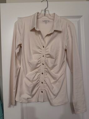 LOFT Ruched Button-Front Long Sleeve Top in Light Cream